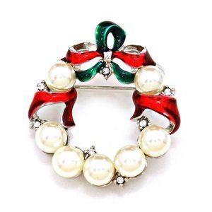 Christmas Pearl Enamel Wreath Brooch